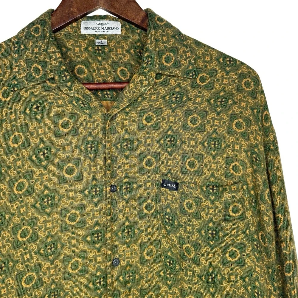 Vintage 80s Guess by Georges Marciano Rayon Shirt Made in Korea Green S/M‎ Rare